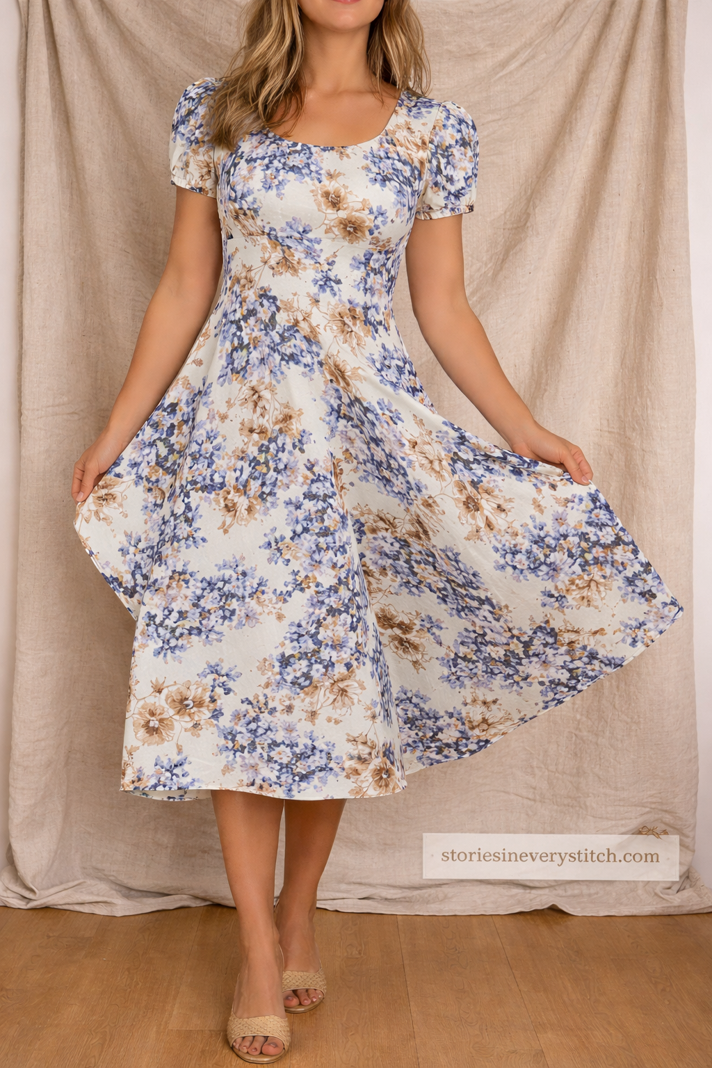 Floral Fit & Flare Midi Dress – Short Sleeve Elegant Summer Style