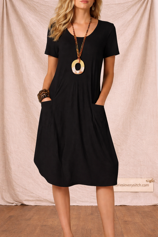 Solid Color Midi Dress with Pockets – Casual Relaxed Fit Everyday Style