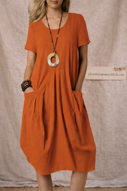 Solid Color Midi Dress with Pockets – Casual Relaxed Fit Everyday Style