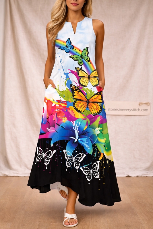 Butterfly Print Maxi Dress – Sleeveless V-Neck Flowy Summer Style