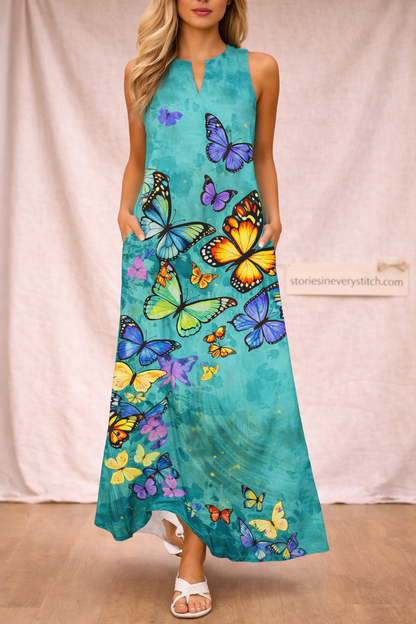 Butterfly Print Maxi Dress – Sleeveless V-Neck Flowy Summer Style