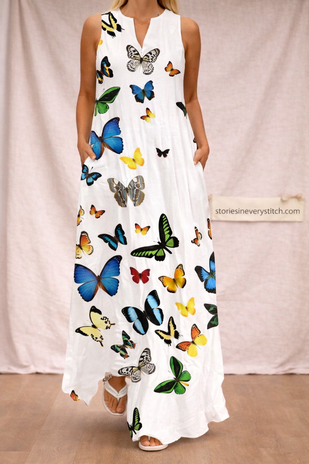 Butterfly Print Maxi Dress – Sleeveless V-Neck Flowy Summer Style