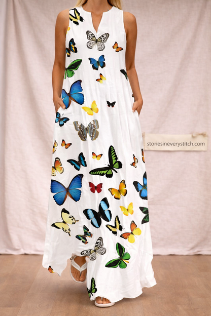 Butterfly Print Maxi Dress – Sleeveless V-Neck Flowy Summer Style