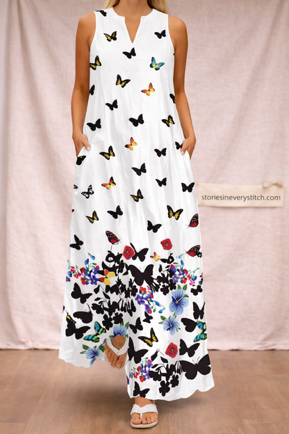 Butterfly Print Maxi Dress – Sleeveless V-Neck Flowy Summer Style