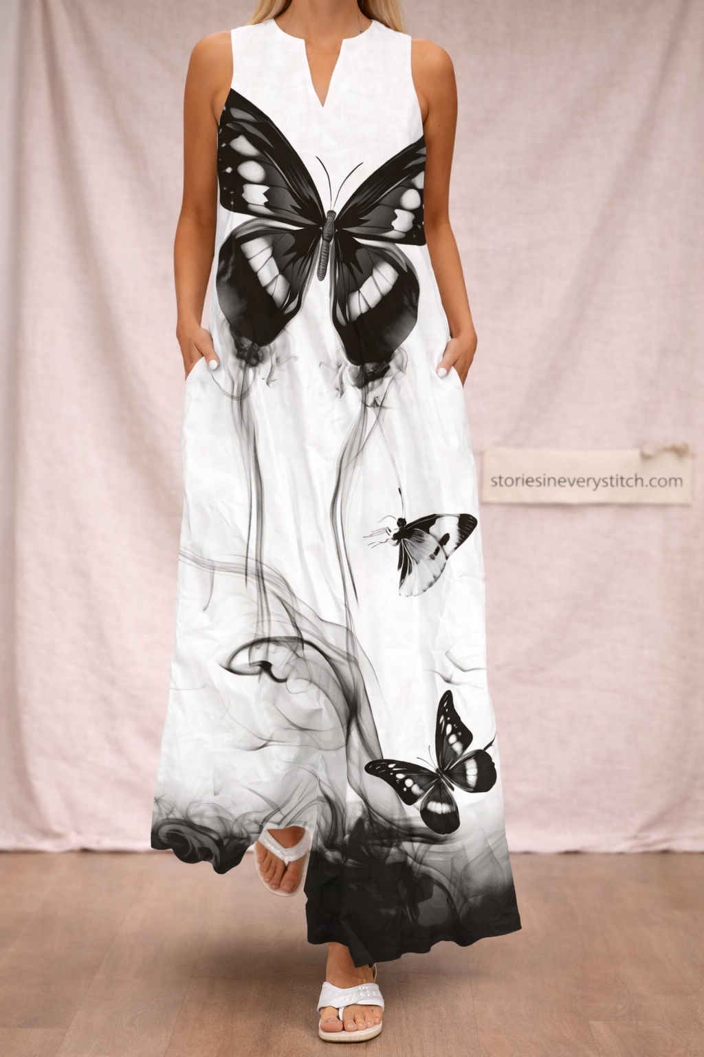 Butterfly Print Maxi Dress – Sleeveless V-Neck Flowy Summer Style