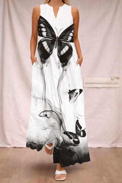 Butterfly Print Maxi Dress – Sleeveless V-Neck Flowy Summer Style