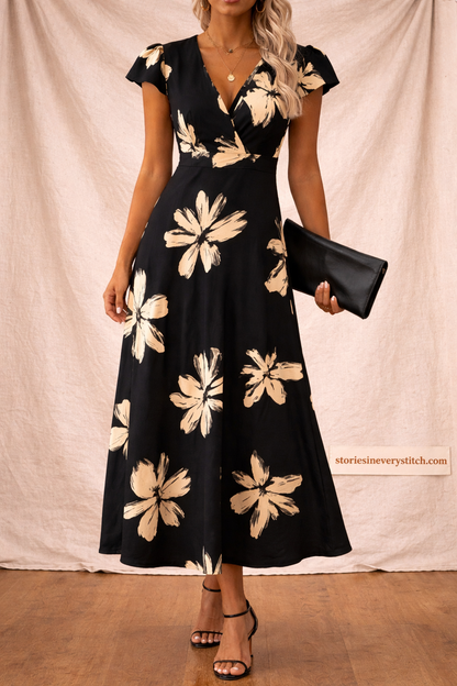 Floral V-Neck Midi Dress – Short Sleeve Button Detail Elegant Style