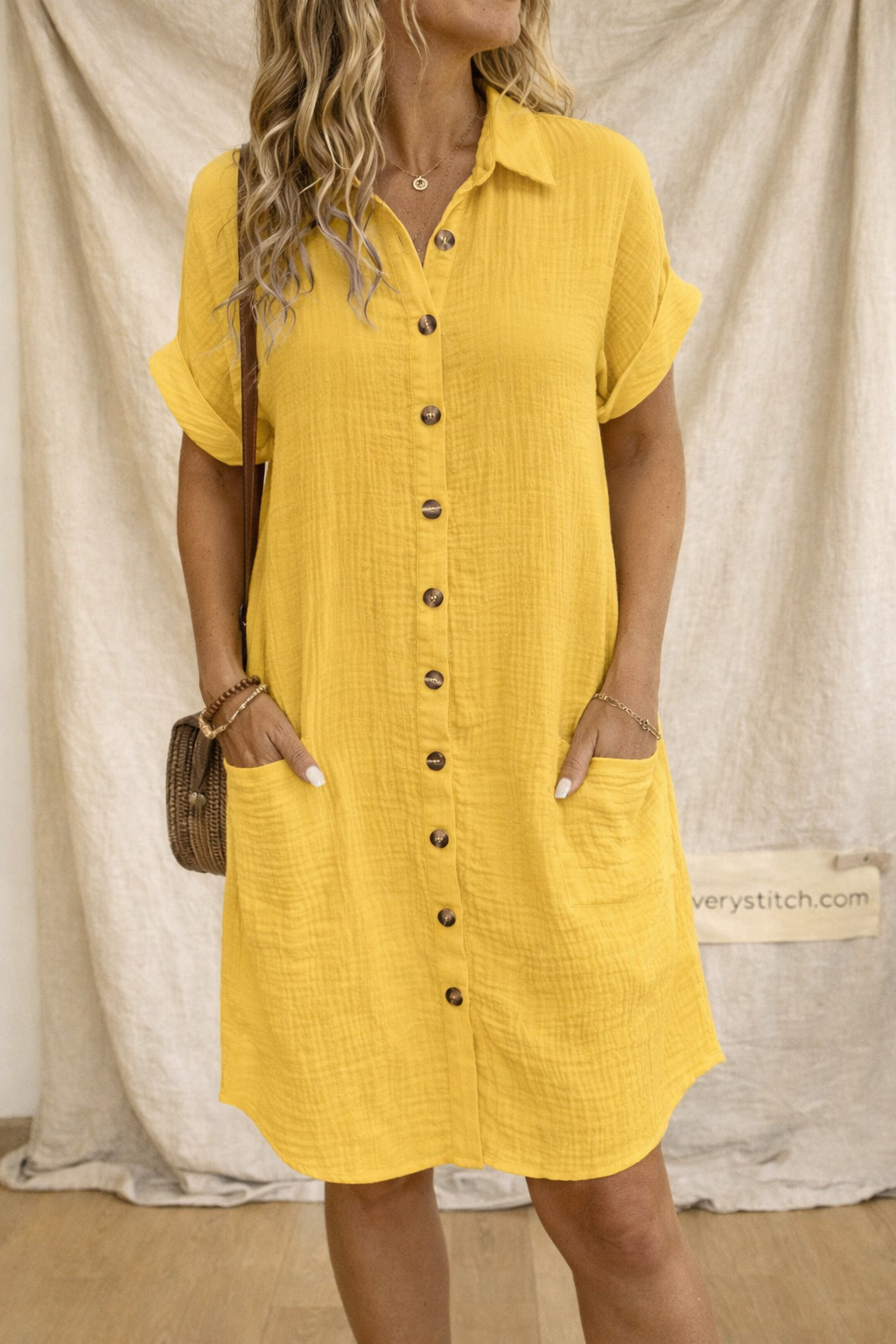 Button Front Shirt Dress with Short Sleeves and Pockets – Relaxed Flowy Fit