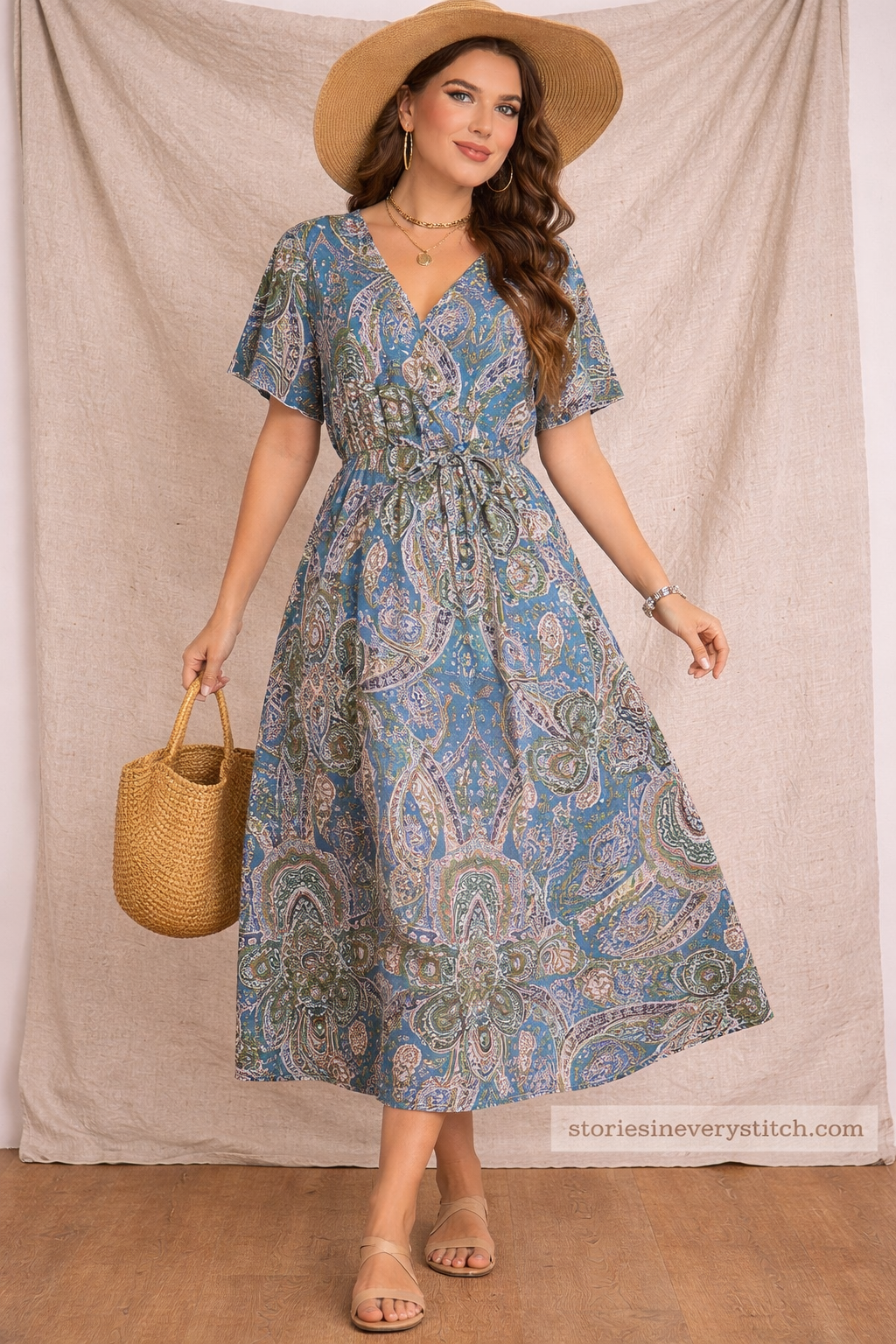 Boho Paisley Midi Dress – V-Neck Short Sleeve Tie Waist Style