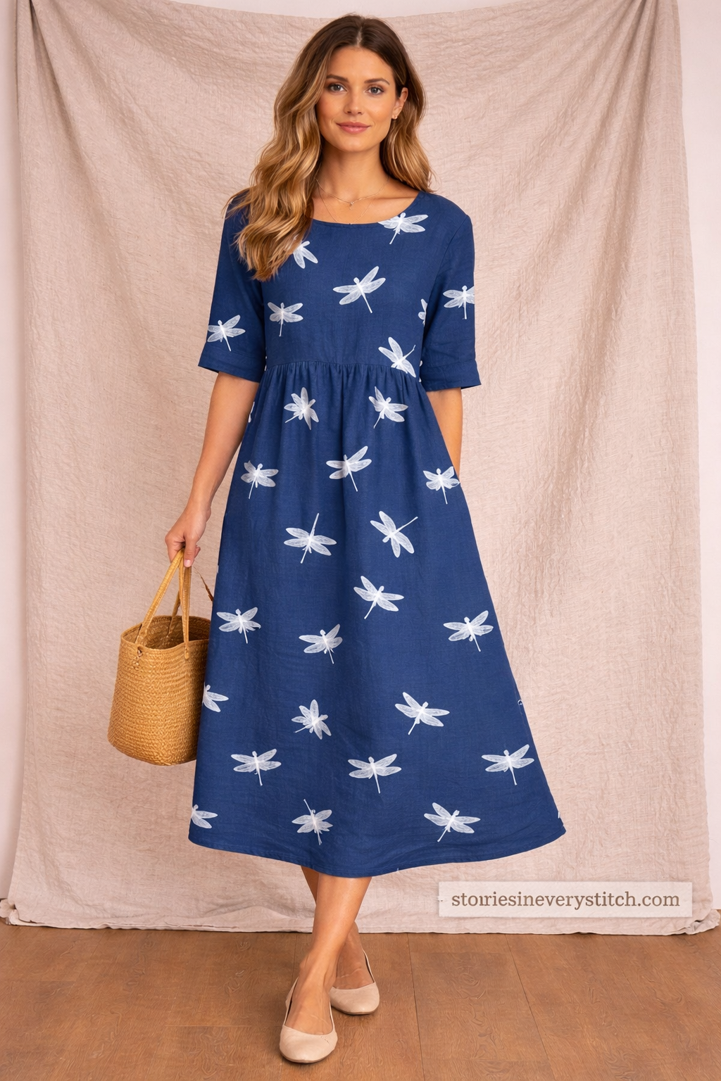 Printed Midi Dress – Casual 3/4 Sleeve Relaxed A-Line Style