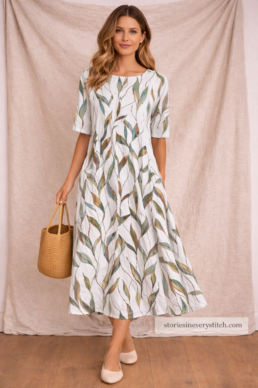 Printed Midi Dress – Casual 3/4 Sleeve Relaxed A-Line Style