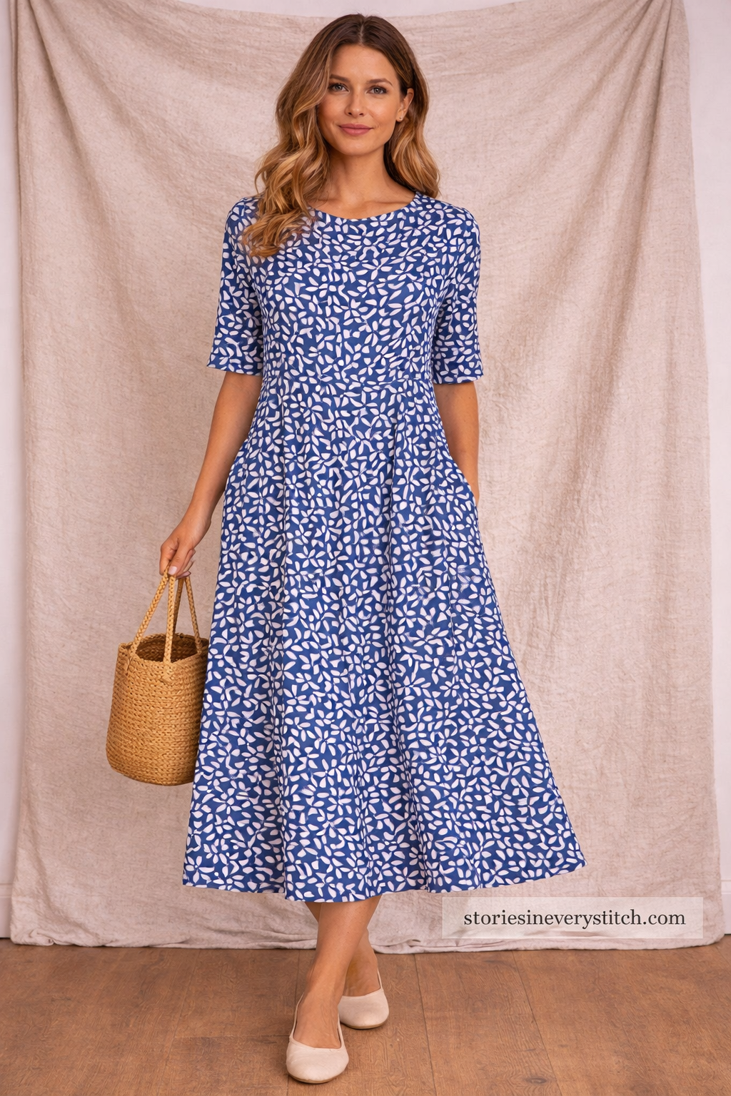 Printed Midi Dress – Casual 3/4 Sleeve Relaxed A-Line Style