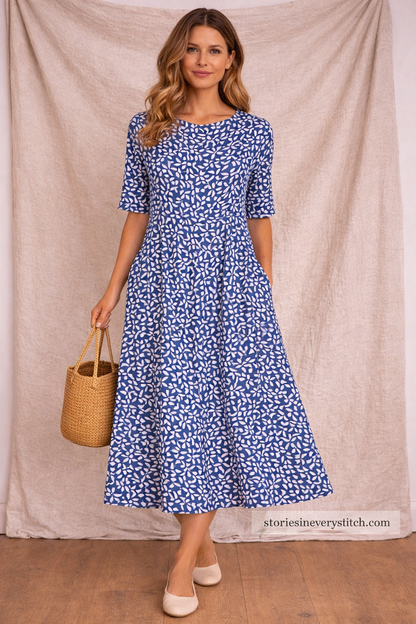 Printed Midi Dress – Casual 3/4 Sleeve Relaxed A-Line Style