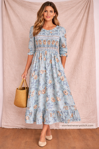 Printed Midi Dress – Casual 3/4 Sleeve Relaxed A-Line Style