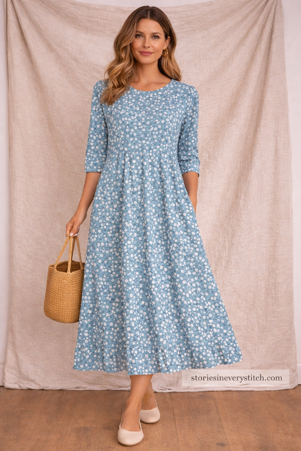 Printed Midi Dress – Casual 3/4 Sleeve Relaxed A-Line Style