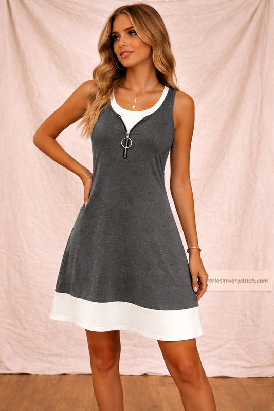Layered Look Mini Dress with Sleeveless Design and Round Neck – Relaxed Flowy Fit