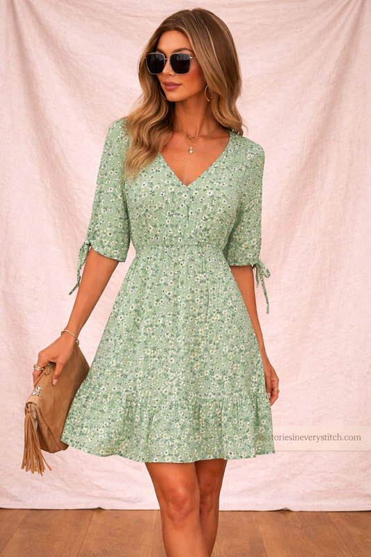Floral V-Neck Mini Dress – Short Sleeve Fit & Flare Summer Style