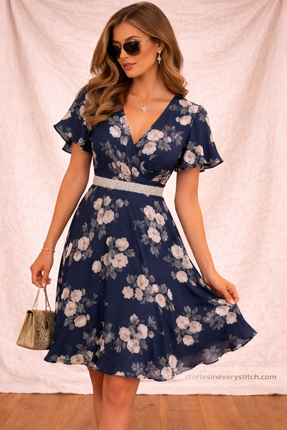 Floral Wrap Mini Dress – Flutter Sleeve V-Neck Summer Style