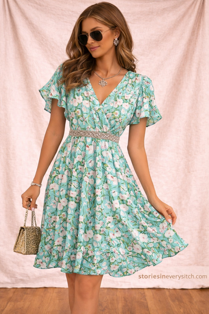 Floral Wrap Mini Dress – Flutter Sleeve V-Neck Summer Style