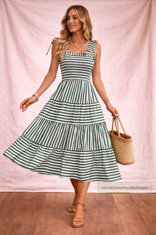 Striped Midi Dress with Square Neck and Tie Straps – Relaxed Flowy Fit