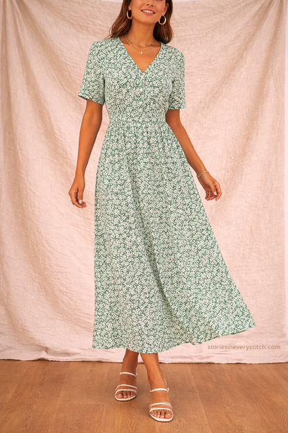 Floral Smocked Midi Dress – V-Neck Short Sleeve Summer Style