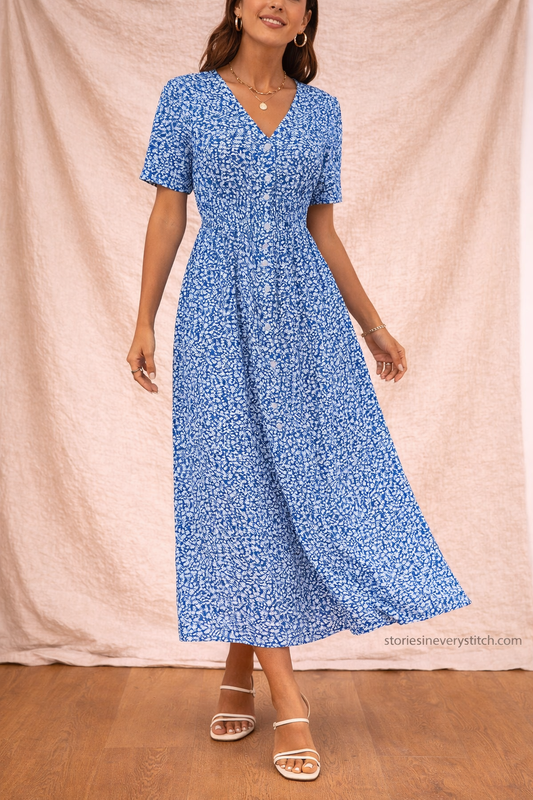 Floral Smocked Midi Dress – V-Neck Short Sleeve Summer Style