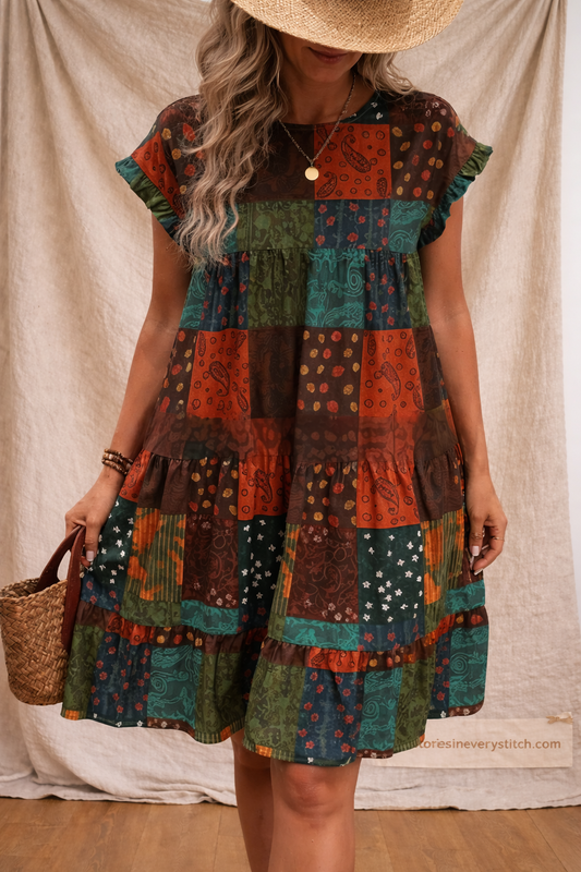 Boho Patchwork Mini Dress – Short Sleeve Ruffle Hem Casual Style