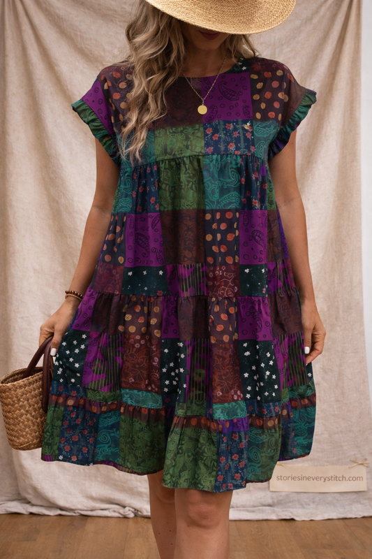 Boho Patchwork Mini Dress – Short Sleeve Ruffle Hem Casual Style