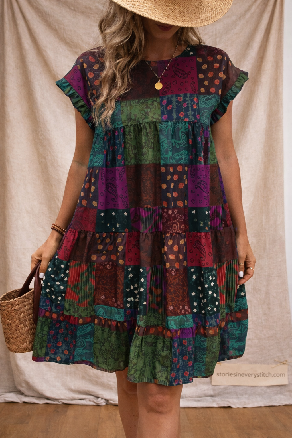 Boho Patchwork Mini Dress – Short Sleeve Ruffle Hem Casual Style