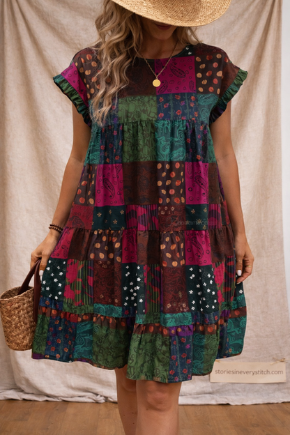 Boho Patchwork Mini Dress – Short Sleeve Ruffle Hem Casual Style