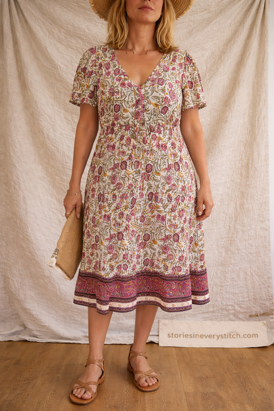 Boho Floral V-Neck Midi Dress with Short Sleeves – Relaxed Flowy Fit