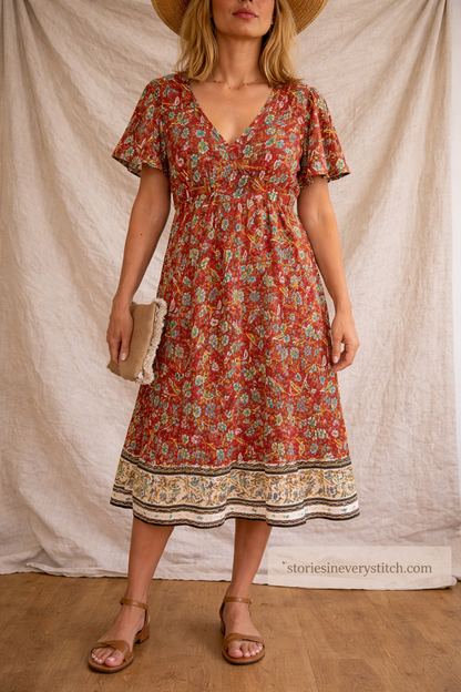Boho Floral V-Neck Midi Dress with Short Sleeves – Relaxed Flowy Fit