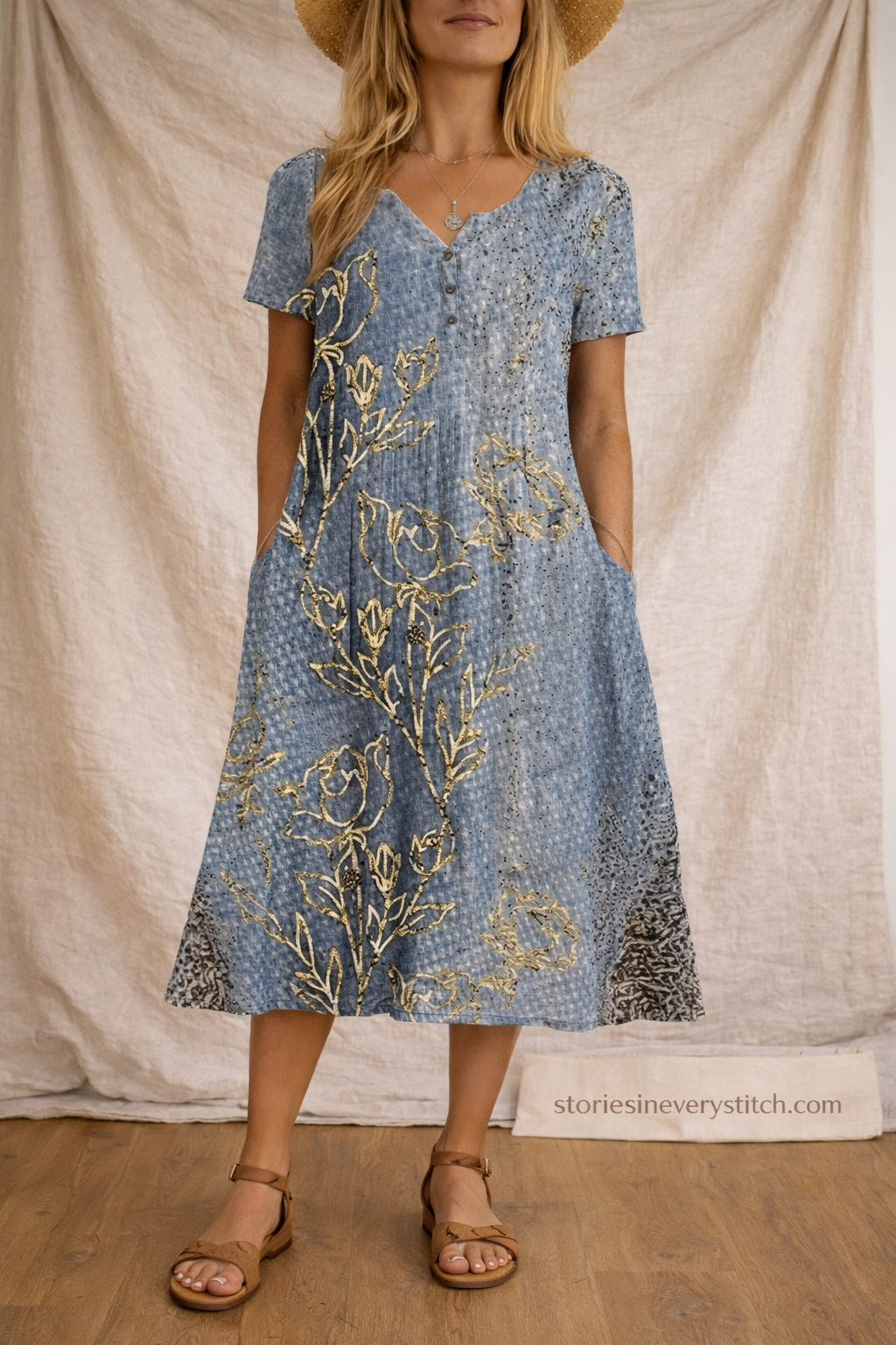 Boho Floral Button Midi Dress with Short Sleeves – Relaxed Flowy Fit