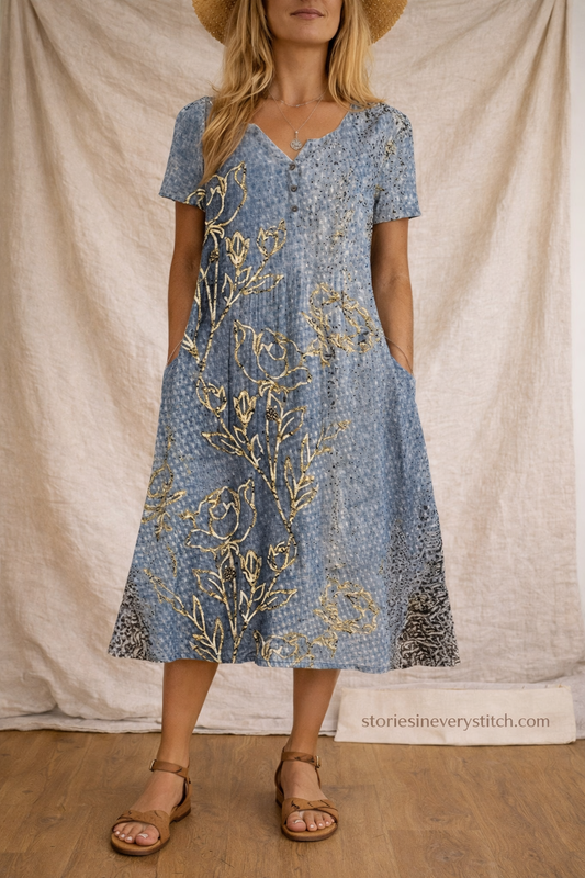 Boho Floral Button Midi Dress with Short Sleeves – Relaxed Flowy Fit