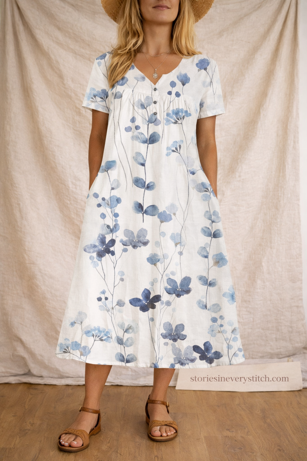 Boho Floral Button Midi Dress with Short Sleeves – Relaxed Flowy Fit
