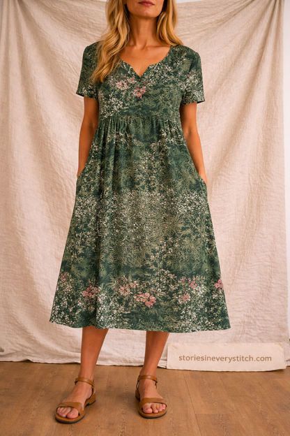 Boho Floral Button Midi Dress with Short Sleeves – Relaxed Flowy Fit