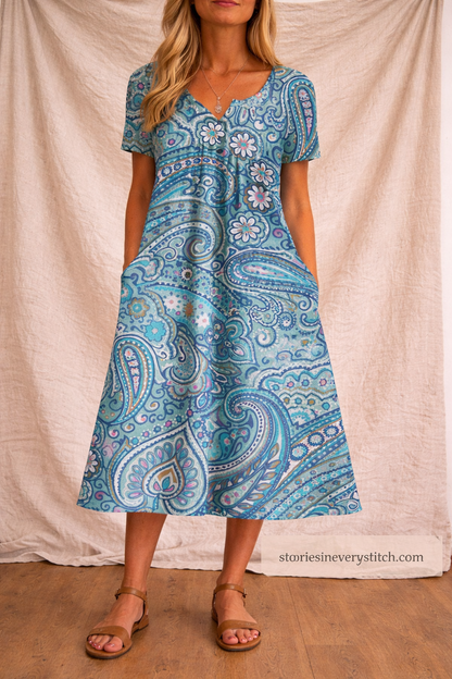 Boho Floral Button Midi Dress with Short Sleeves – Relaxed Flowy Fit