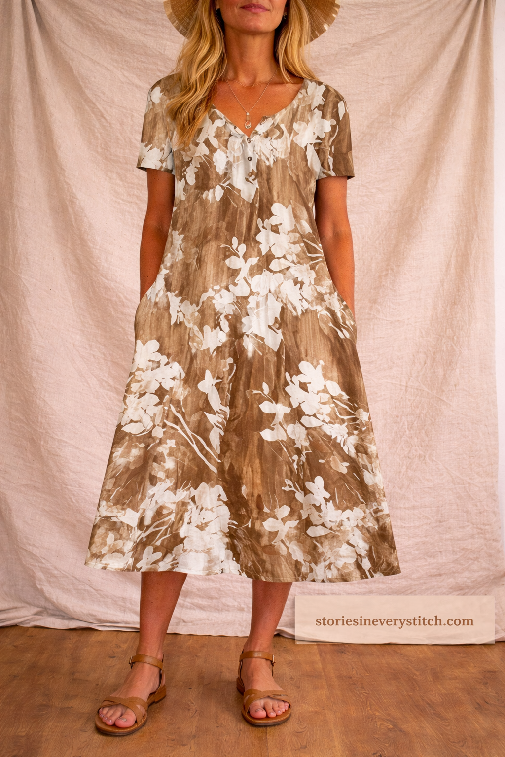 Boho Floral Button Midi Dress with Short Sleeves – Relaxed Flowy Fit