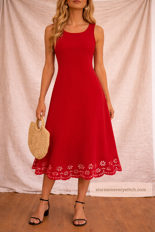 Sleeveless A-Line Midi Dress with Eyelet Hem – Elegant Flowy Fit