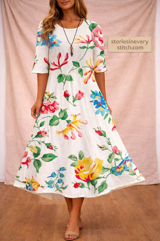 Floral Maxi Dress with V-Neck and Short Sleeves – Relaxed Flowy Fit