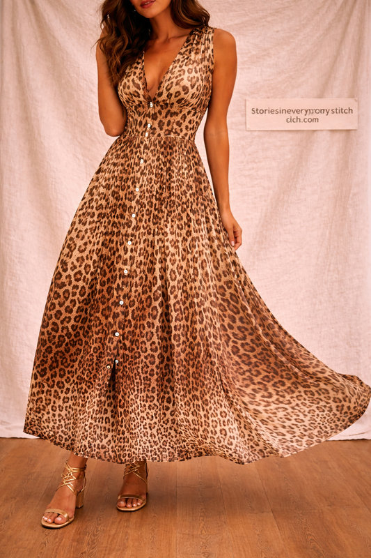 Floral V-Neck Maxi Dress with Sleeveless Design – Elegant Flowy Fit