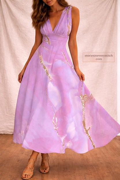 Floral V-Neck Maxi Dress with Sleeveless Design – Elegant Flowy Fit