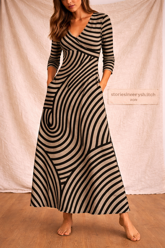 Striped Wrap Maxi Dress with Long Sleeves and Pockets – Slim Flowy Fit