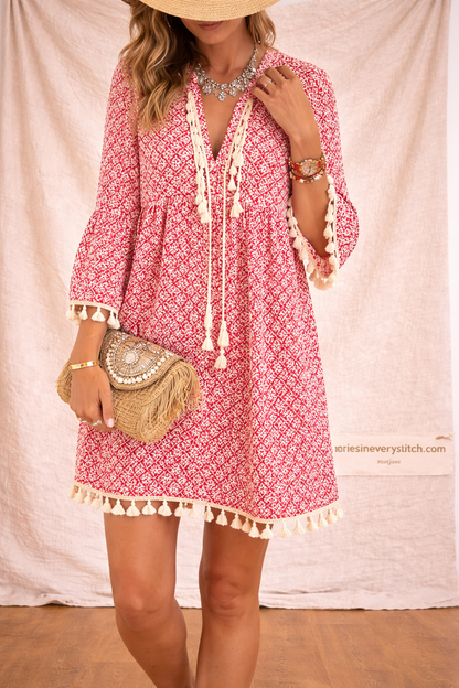 Boho Printed Tassel Mini Dress with Long Sleeves – Relaxed Flowy Fit