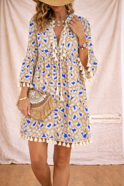 Boho Printed Tassel Mini Dress with Long Sleeves – Relaxed Flowy Fit