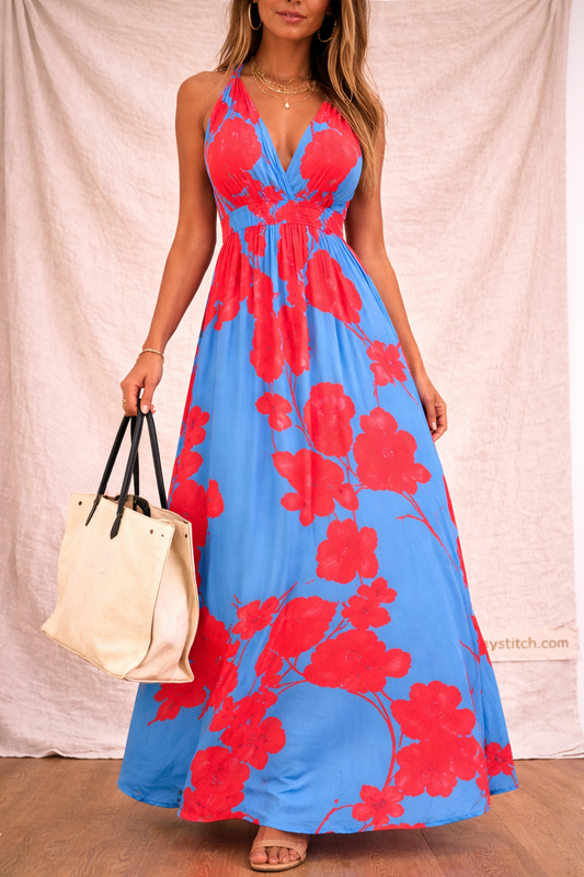 Floral Halter Neck Maxi Dress with Smocked Waist – Elegant Flowy Fit
