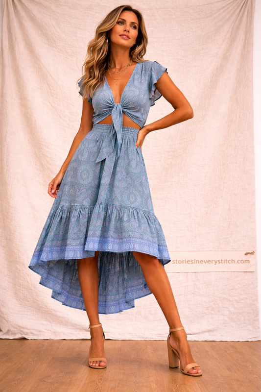 Boho Tie Front High-Low Midi Dress with Flutter Sleeves – Elegant Flowy Fit