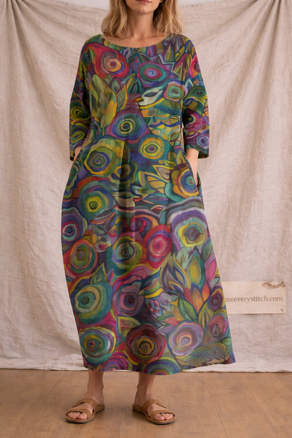 Boho Printed Maxi Dress with 3/4 Sleeves – Relaxed Flowy Fit