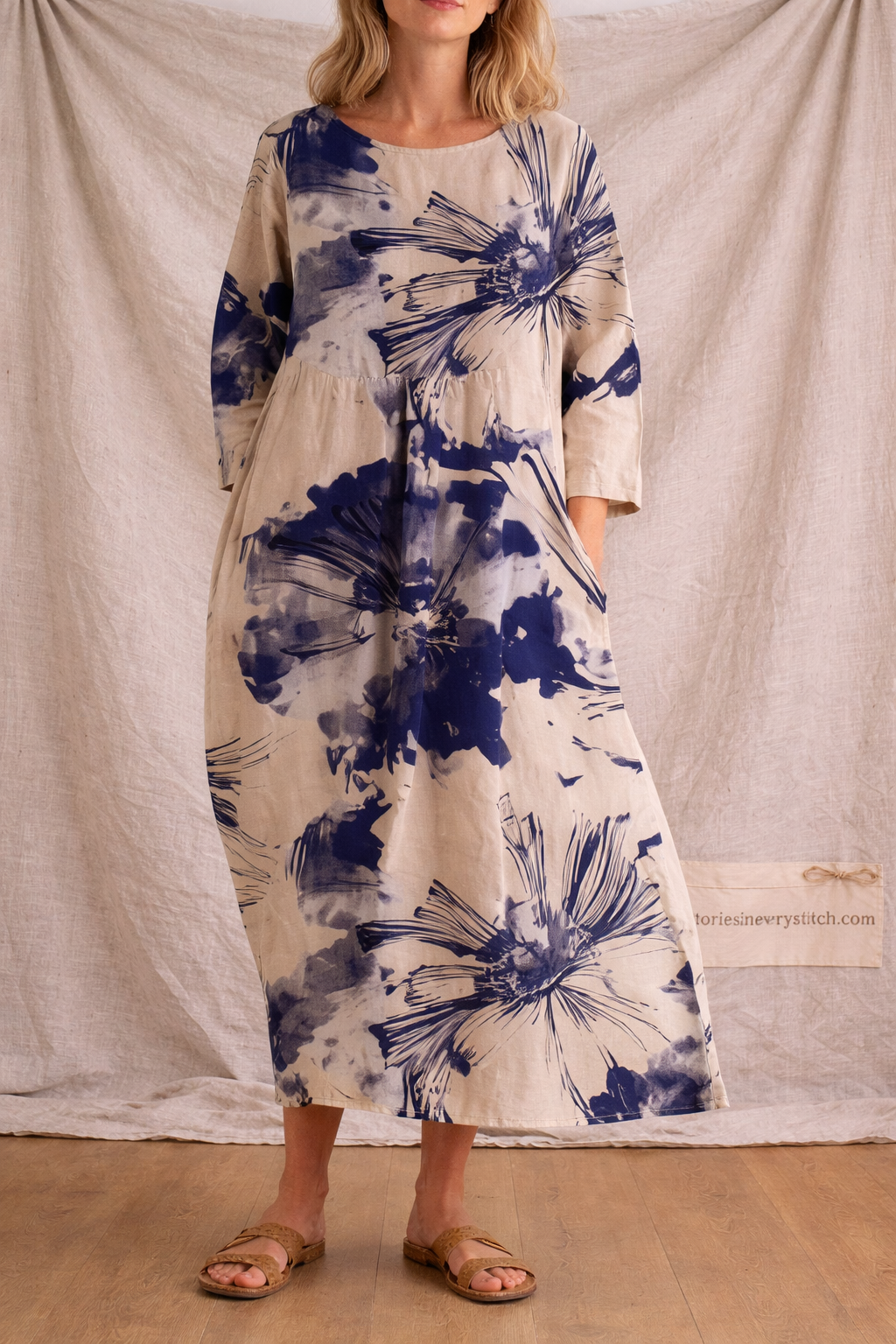 Boho Printed Maxi Dress with 3/4 Sleeves – Relaxed Flowy Fit