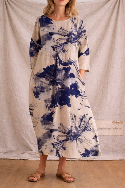 Boho Printed Maxi Dress with 3/4 Sleeves – Relaxed Flowy Fit